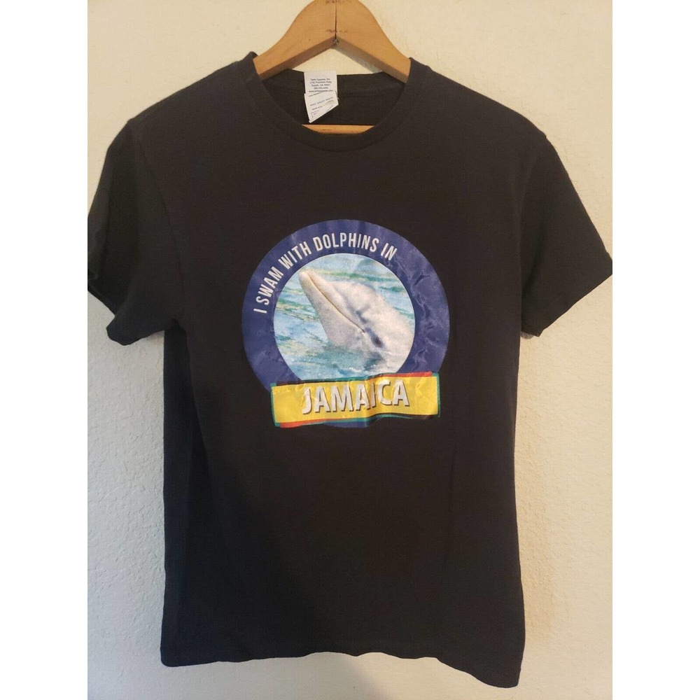 Vintage Dolphin Cove Jamaica Tourist Souvenir BLACK Cotton Shirt Size S SMALL
